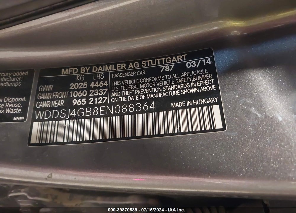 2014 MERCEDES-BENZ CLA 250 4MATIC VIN: WDDSJ4GB8EN088364