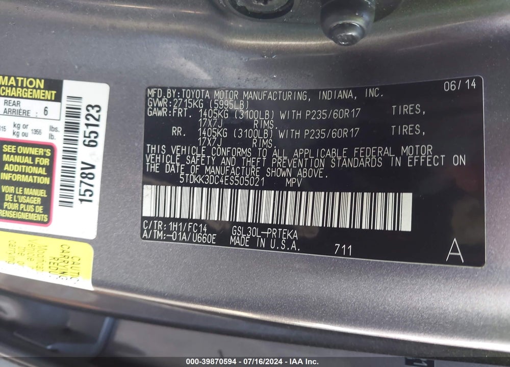 2014 TOYOTA SIENNA LE V6 8 PASSENGER VIN: 5TDKK3DC4ES505021