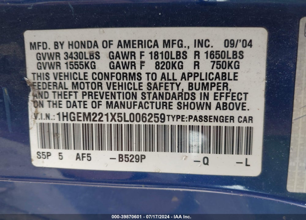 2005 HONDA CIVIC VP VIN: 1HGEM221X5L006259