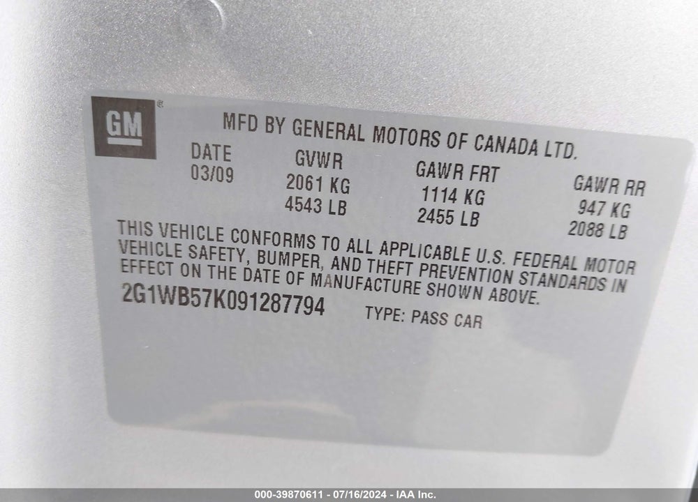 2009 CHEVROLET IMPALA LS VIN: 2G1WB57K091287794