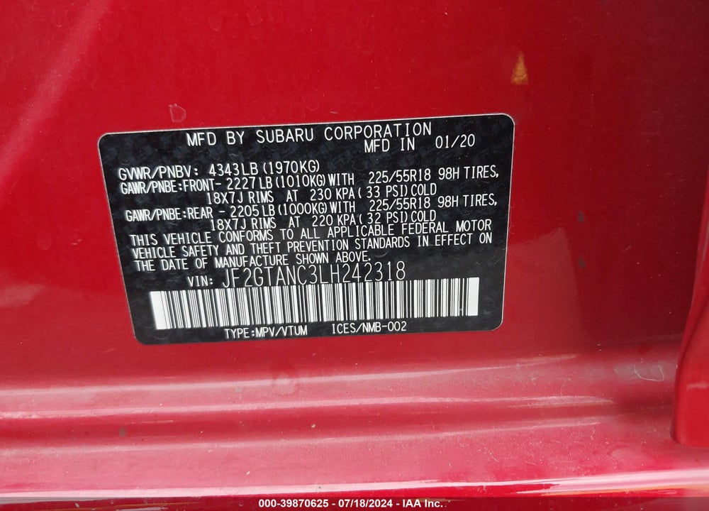 2020 SUBARU CROSSTREK LIMITED VIN: JF2GTANC3LH242318