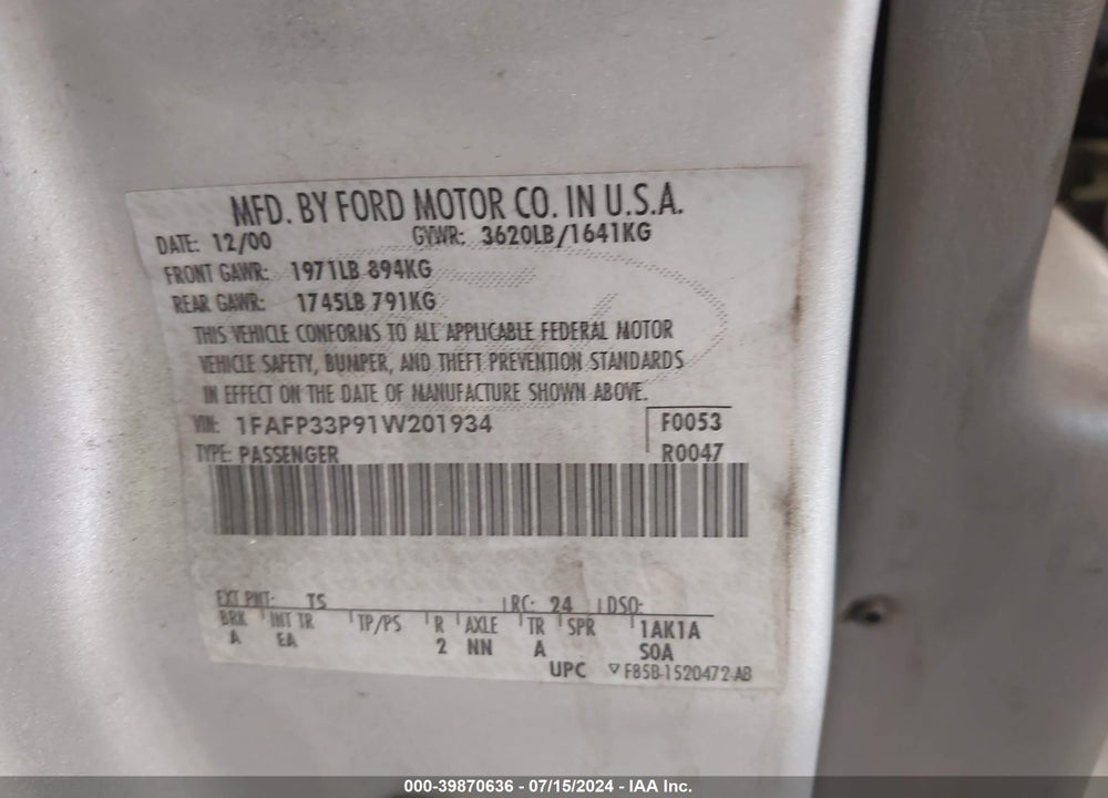 2001 FORD FOCUS LX VIN: 1FAFP33P91W201934
