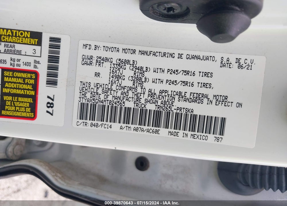 2021 TOYOTA TACOMA SR5 VIN: 3TYAX5GN4MT024565