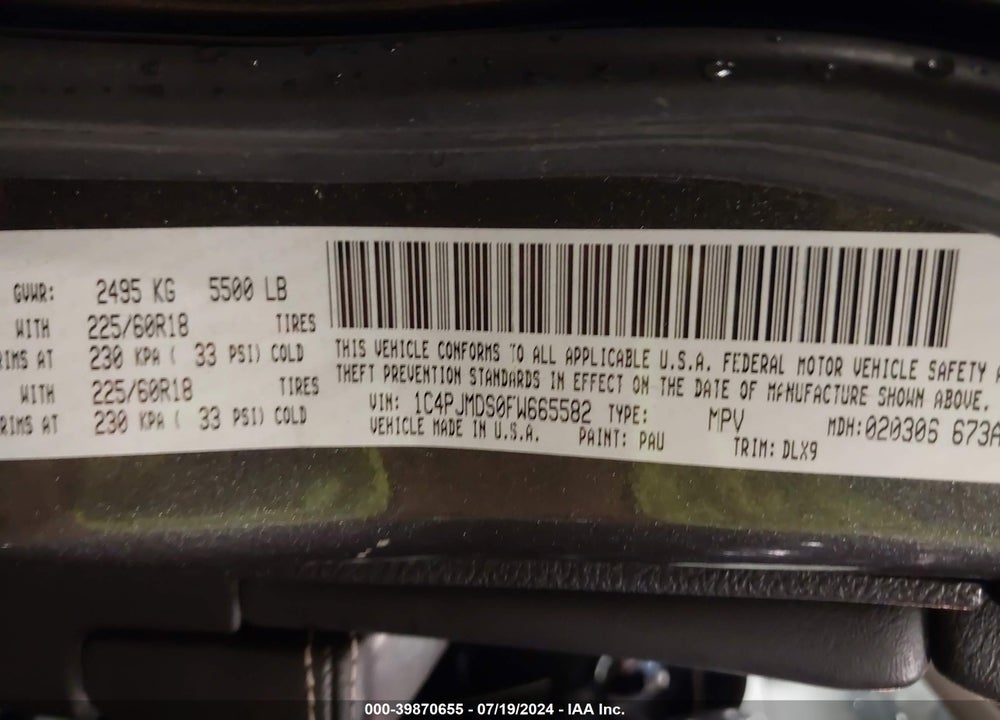 2015 CHEROKEE JEEP  LIMITED VIN: 1C4PJMDS0FW665582