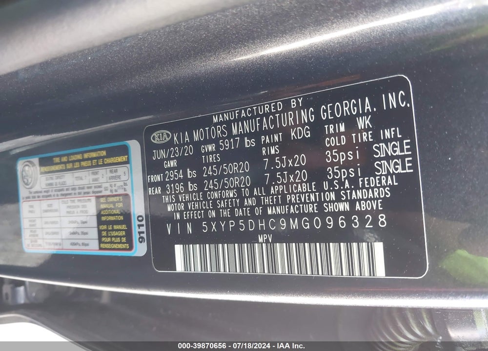 2021 KIA TELLURIDE SX VIN: 5XYP5DHC9MG096328