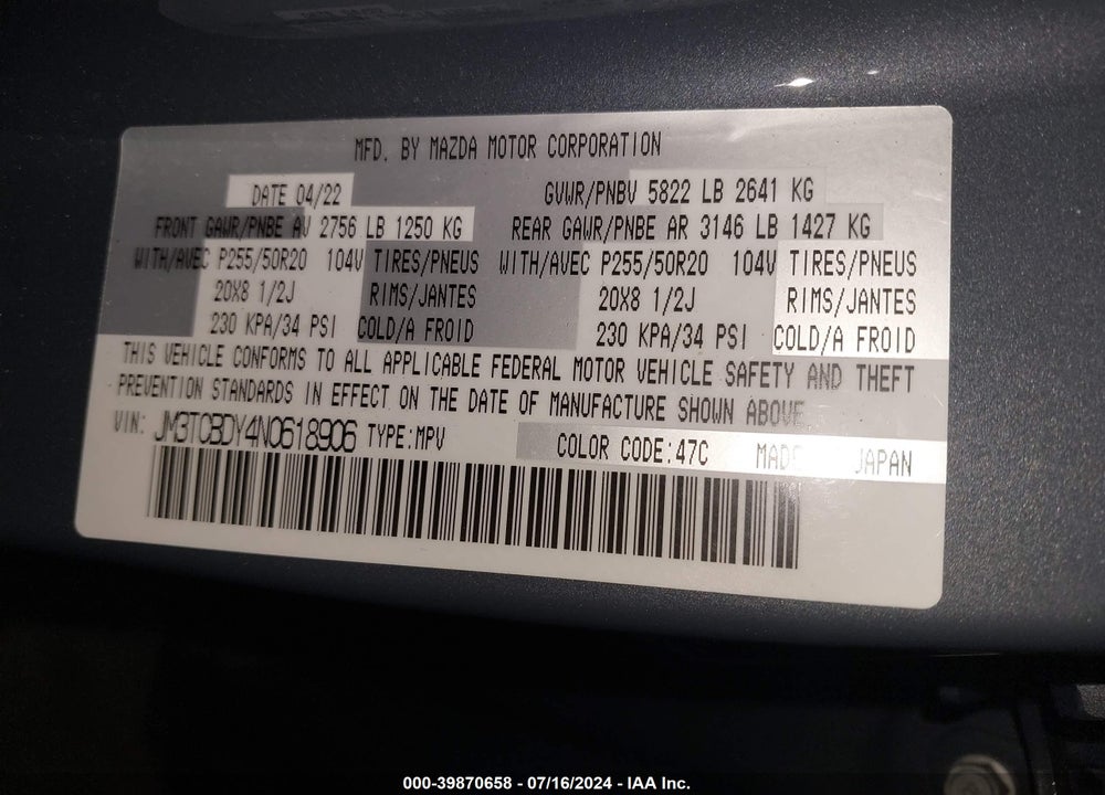 2022 MAZDA CX-9 CARBON EDITION VIN: JM3TCBDY4N0618906
