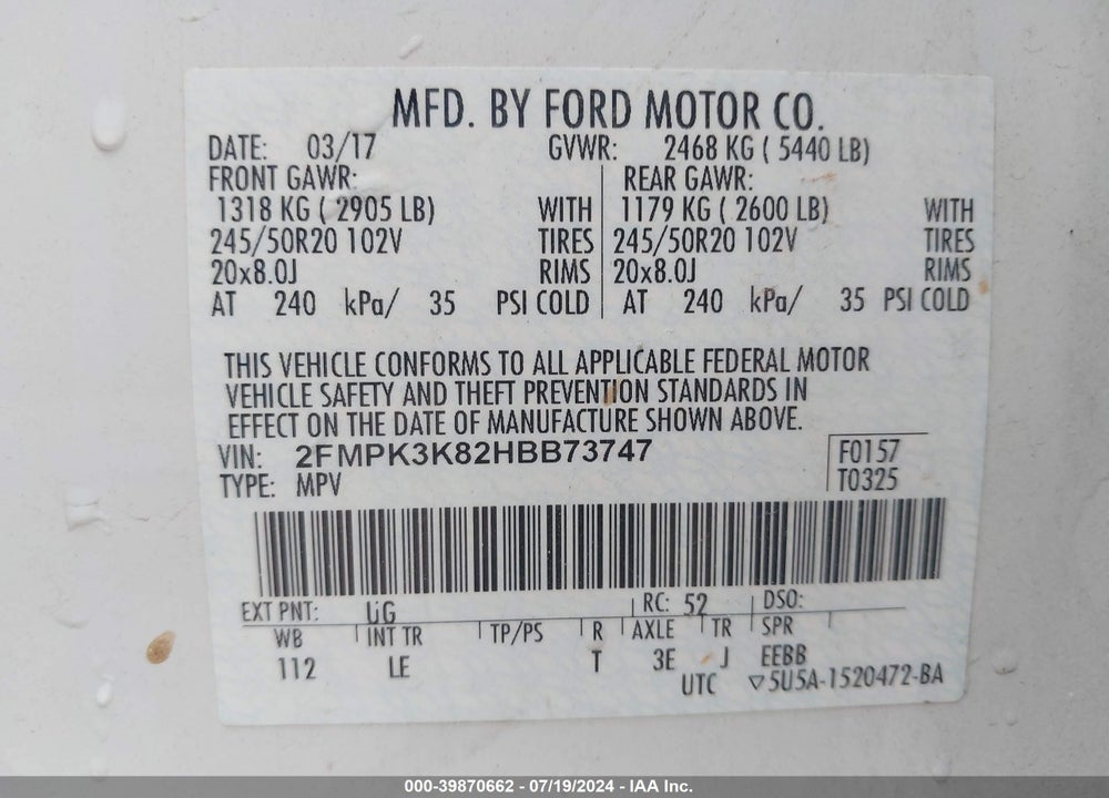 2017 FORD EDGE TITANIUM VIN: 2FMPK3K82HBB73747