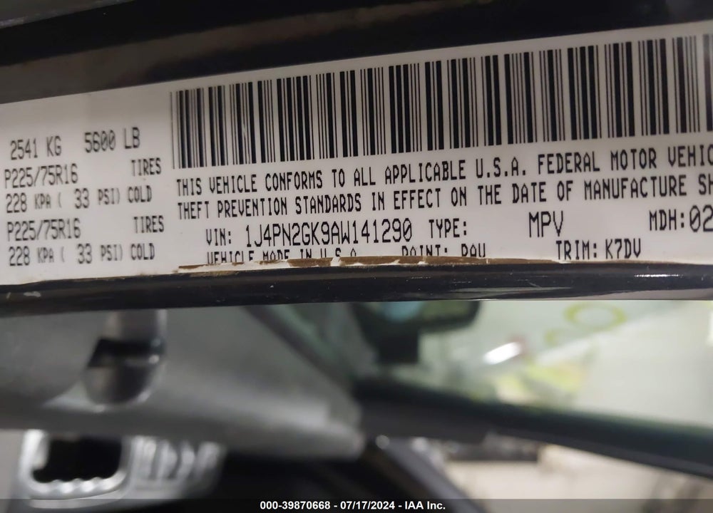 2010 JEEP LIBERTY SPORT VIN: 1J4PN2GK9AW141290