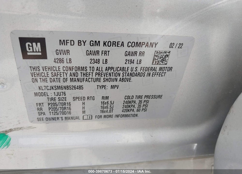 2022 CHEVROLET TRAX FWD LS VIN: KL7CJKSM6NB526485