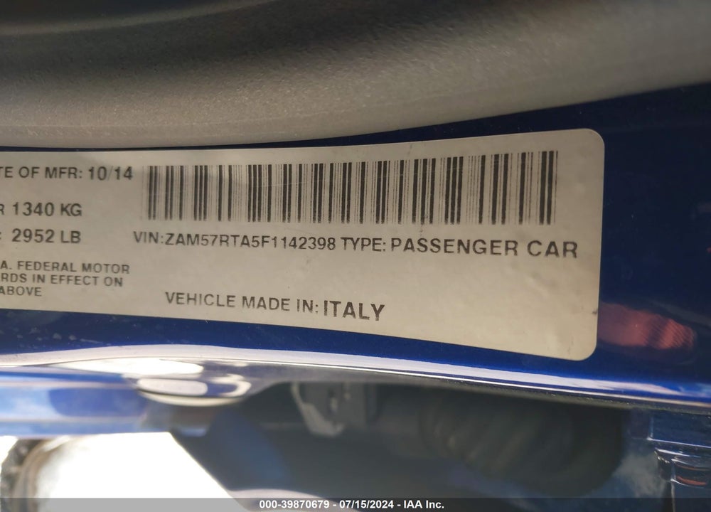 2015 MASERATI GHIBLI S Q4 VIN: ZAM57RTA5F1142398