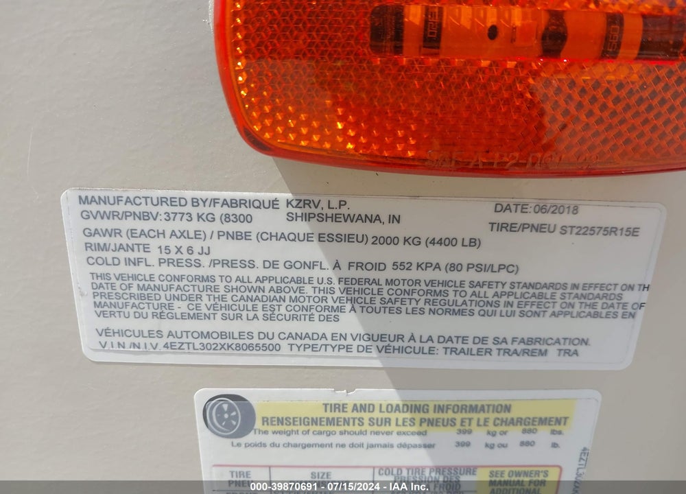 2019 K-Z INC C303RL VIN: 4EZTL302XK8065500