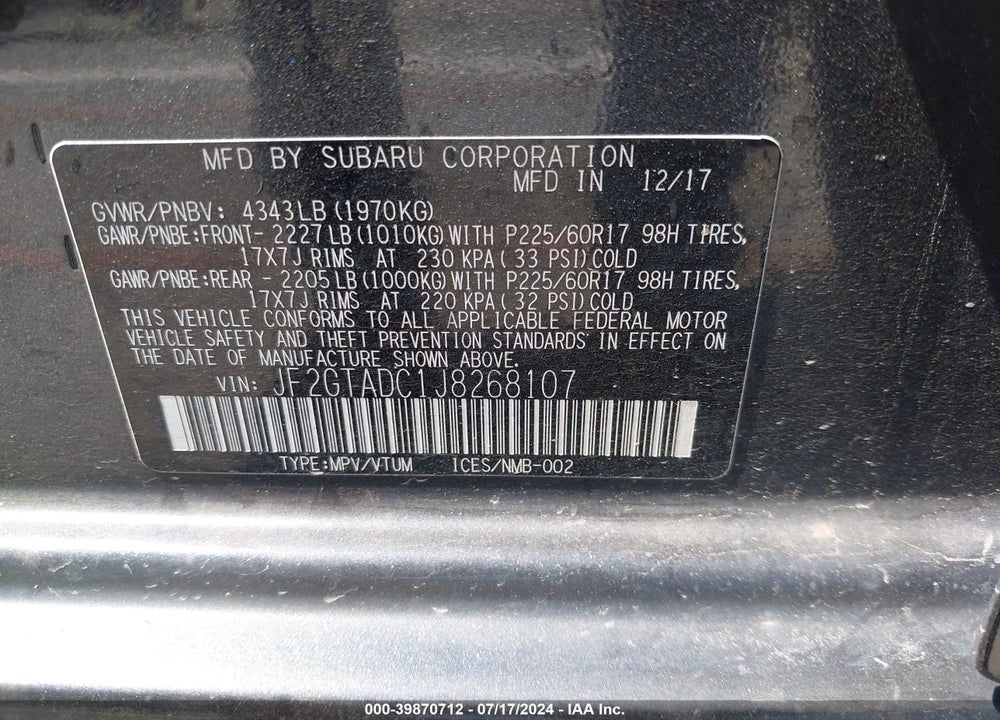 2018 SUBARU CROSSTREK 2.0I PREMIUM VIN: JF2GTADC1J8268107