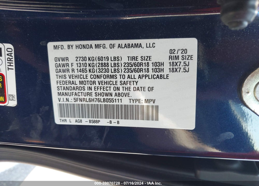 2020 HONDA ODYSSEY EX-L/EX-L W/NAVI RES VIN: 5FNRL6H76LB055111