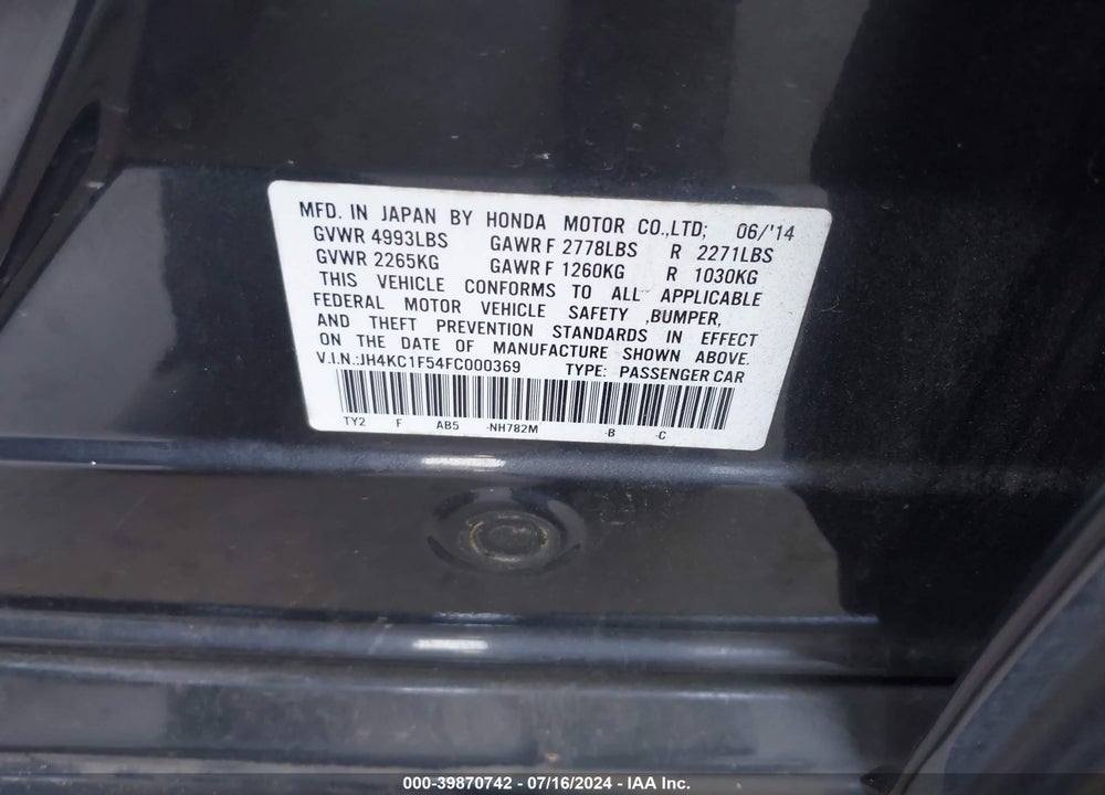 2015 ACURA RLX VIN: JH4KC1F54FC000369