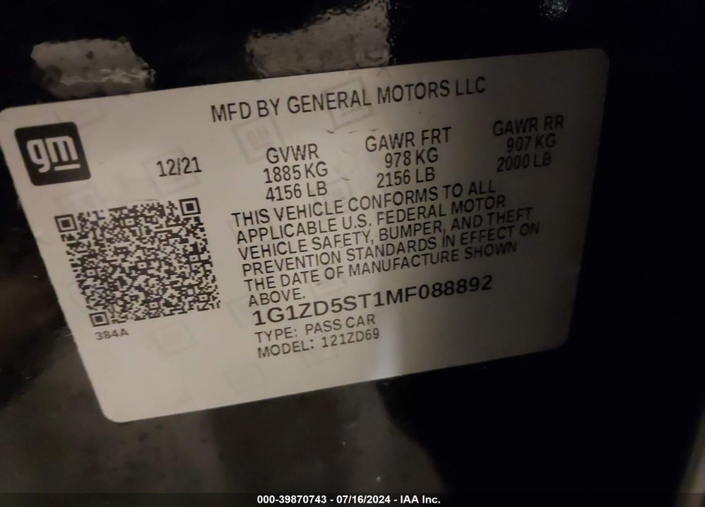 2021 CHEVROLET MALIBU FWD LT VIN: 1G1ZD5ST1MF088892
