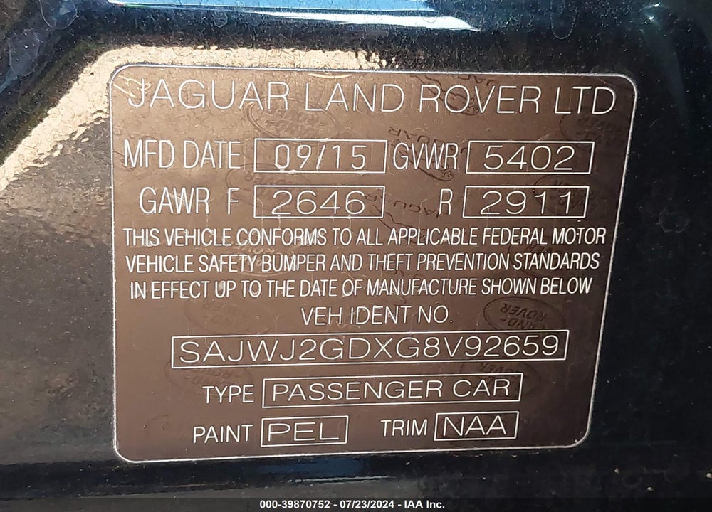 2016 JAGUAR XJ XJL PORTFOLIO VIN: SAJWJ2GDXG8V92659
