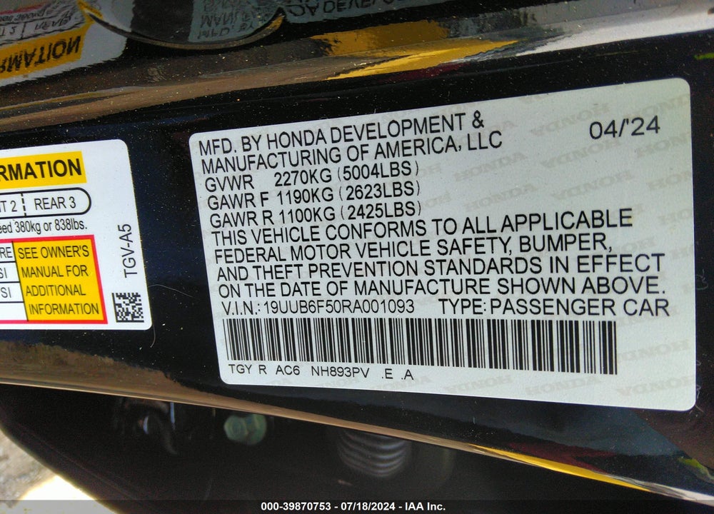 2024 ACURA TLX A-SPEC PACKAGE VIN: 19UUB6F50RA001093
