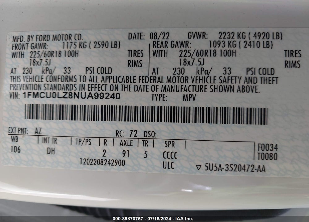 2022 FORD ESCAPE TITANIUM PLUG-IN HYBRID VIN: 1FMCU0LZ8NUA99240