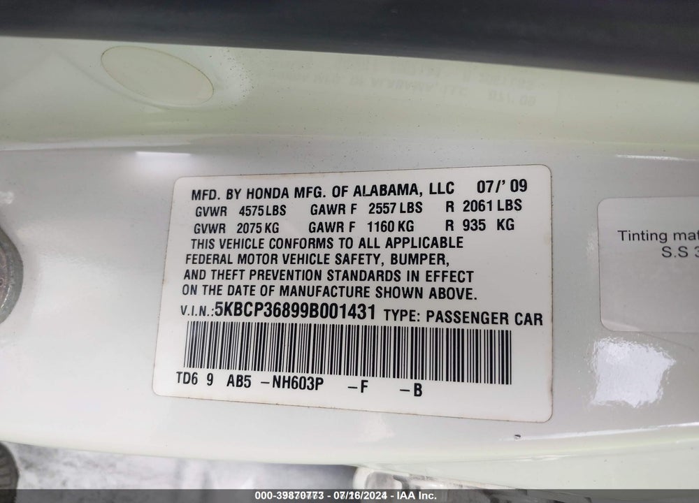 2009 HONDA ACCORD 3.5 EX-L VIN: 5KBCP36899B001431