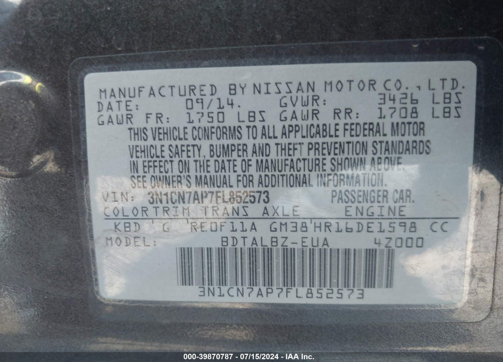 2015 NISSAN VERSA 1.6 SV VIN: 3N1CN7AP7FL852573