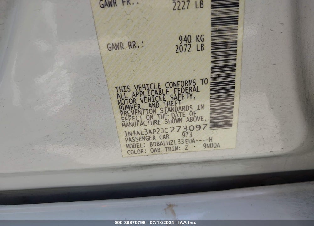 2018 NISSAN ALTIMA 2.5 SR VIN: 1N4AL3AP2JC273097