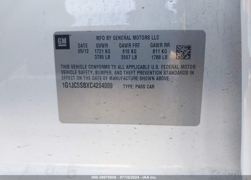 2012 CHEVROLET SONIC 2LT VIN: 1G1JC5SBXC4204009