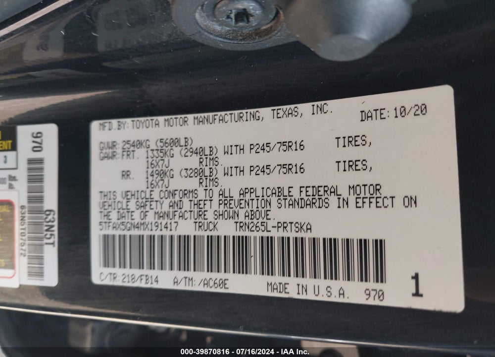 2021 TOYOTA TACOMA VIN: 5TFAX5GN4MX191417