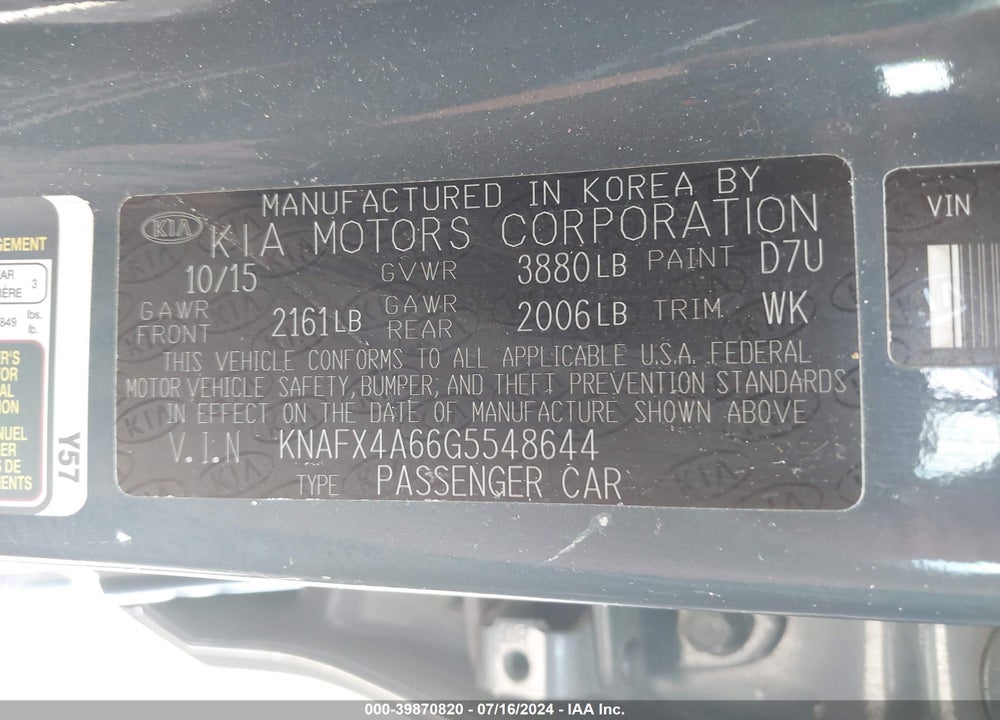 2016 KIA FORTE LX VIN: KNAFX4A66G5548644