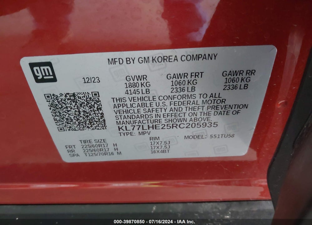 2024 CHEVROLET TRAX VIN: KL77LHE25RC205935