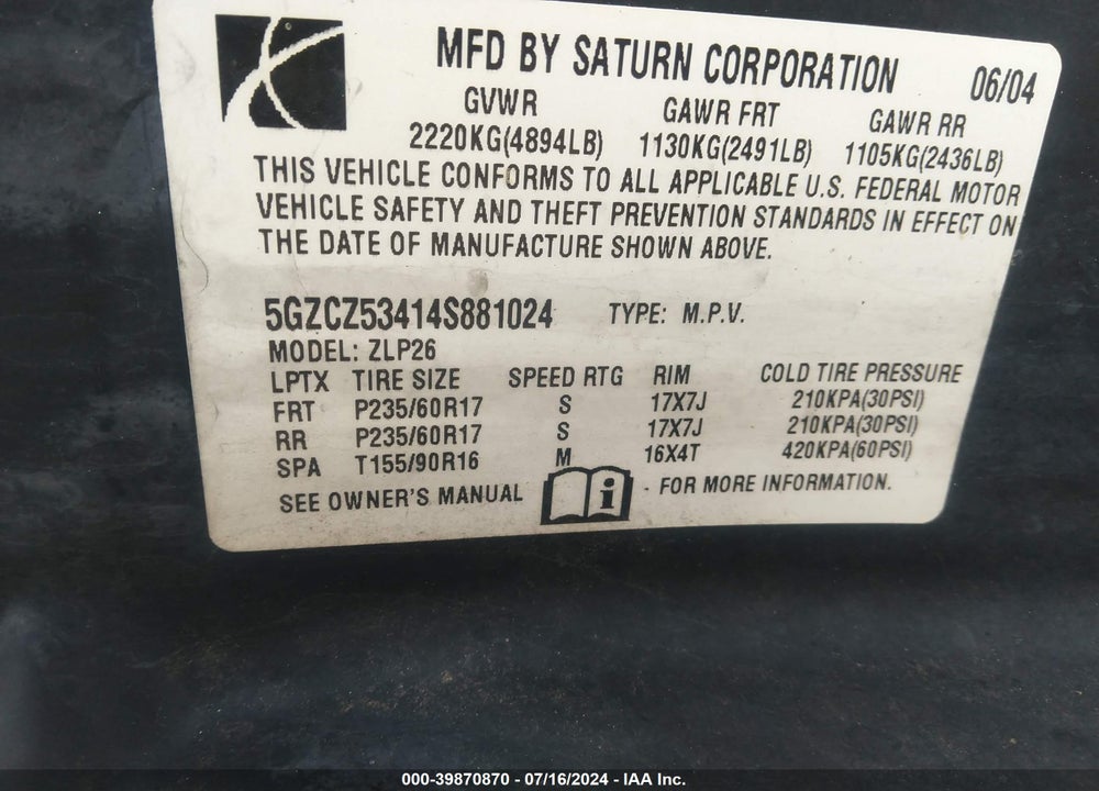 2004 SATURN VUE VIN: 5GZCZ53414S881024