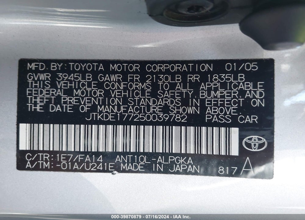 2005 SCION TC VIN: JTKDE177250039782