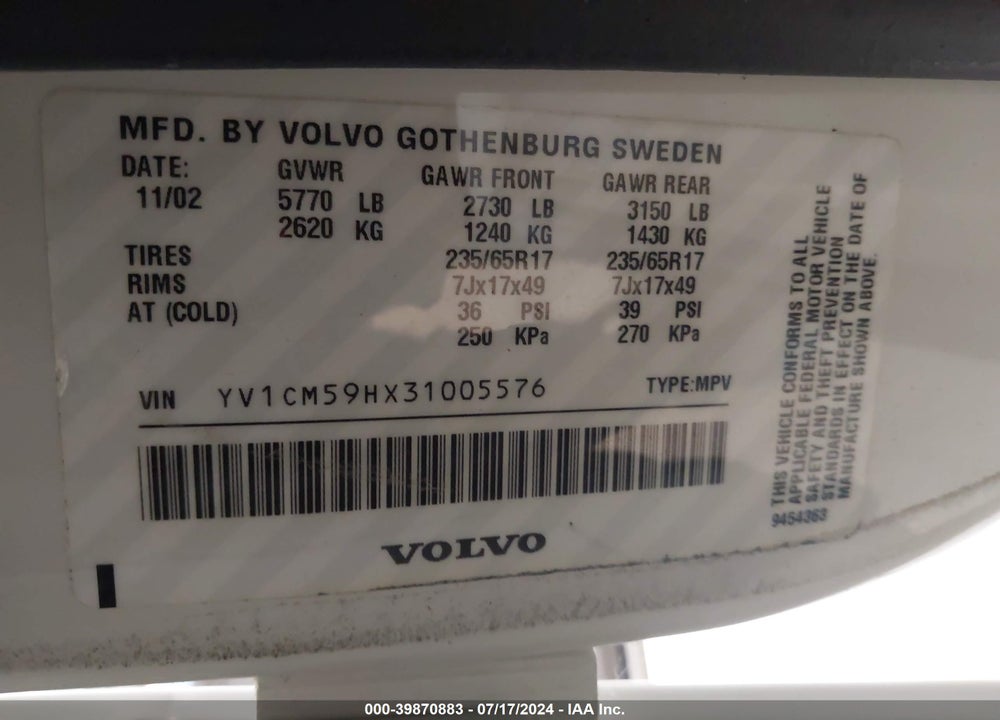2003 VOLVO XC90 2.5T VIN: YV1CM59HX31005576