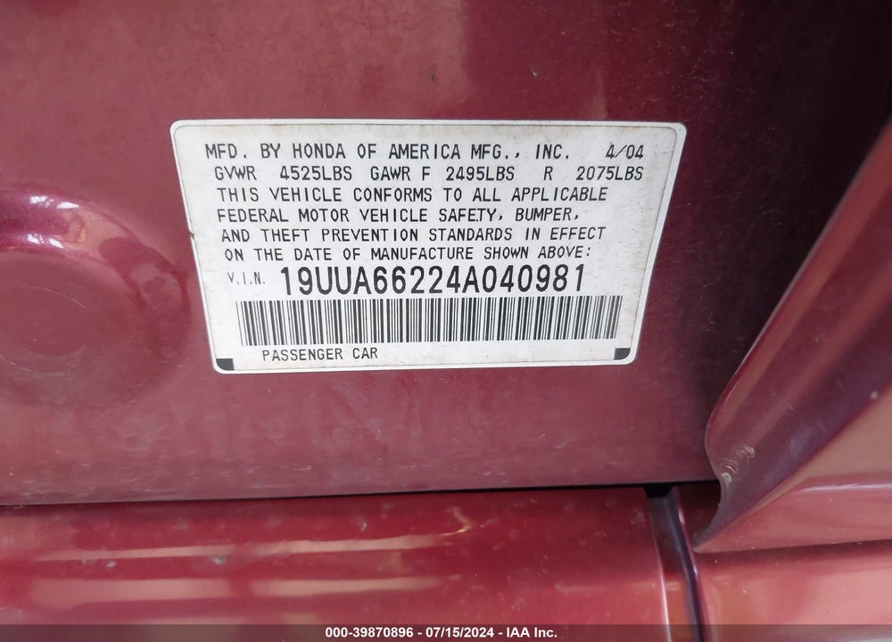 2004 ACURA TL VIN: 19UUA66224A040981