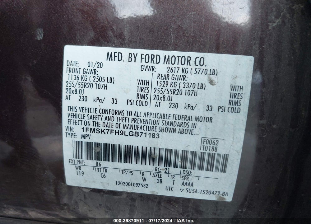 2020 FORD EXPLORER LIMITED VIN: 1FMSK7FH9LGB71183