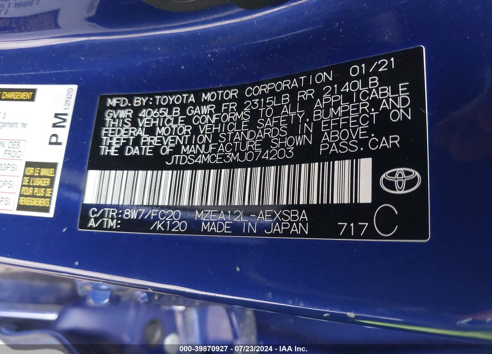 2021 TOYOTA COROLLA SE VIN: JTDS4MCE3MJ074203