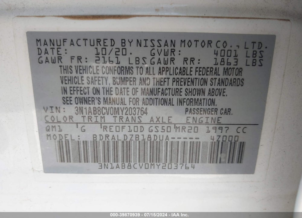 2021 NISSAN SENTRA SV XTRONIC CVT VIN: 3N1AB8CV0MY203764
