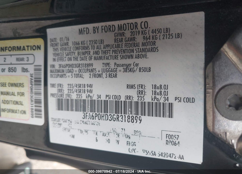 2016 FORD FUSION SE VIN: 3FA6P0HD3GR318899