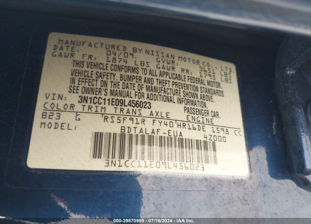 2009 NISSAN VERSA 1.6 BASE VIN: 3N1CC11E09L456023