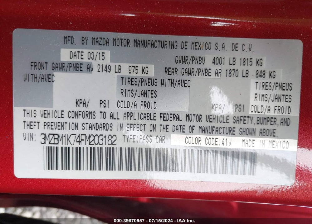 2015 MAZDA 3 I SPORT VIN: 3MZBM1K74FM203182