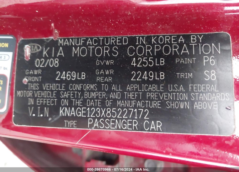 2008 KIA OPTIMA LX VIN: KNAGE123X85227172