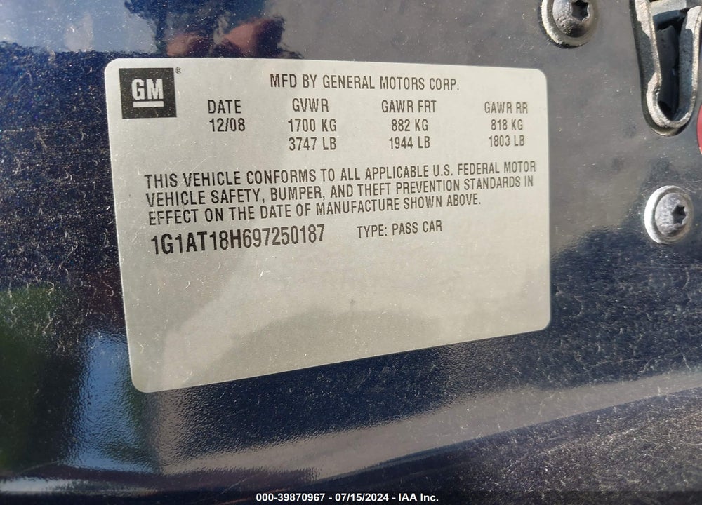 2009 CHEVROLET COBALT LT VIN: 1G1AT18H697250187