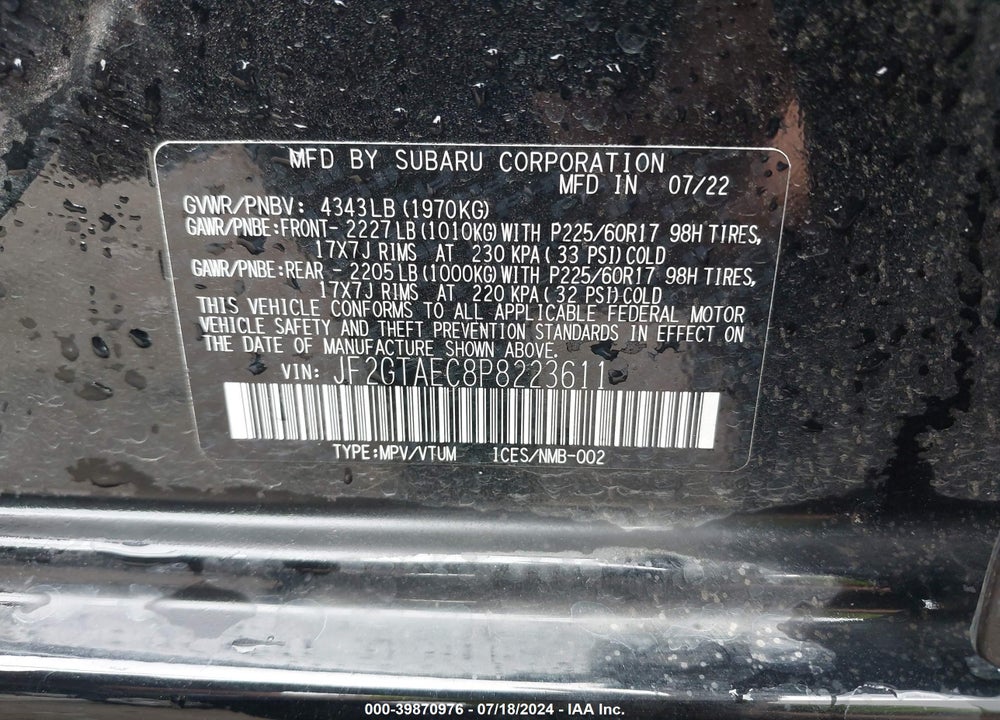 2023 SUBARU CROSSTREK PREMIUM VIN: JF2GTAEC8P8223611