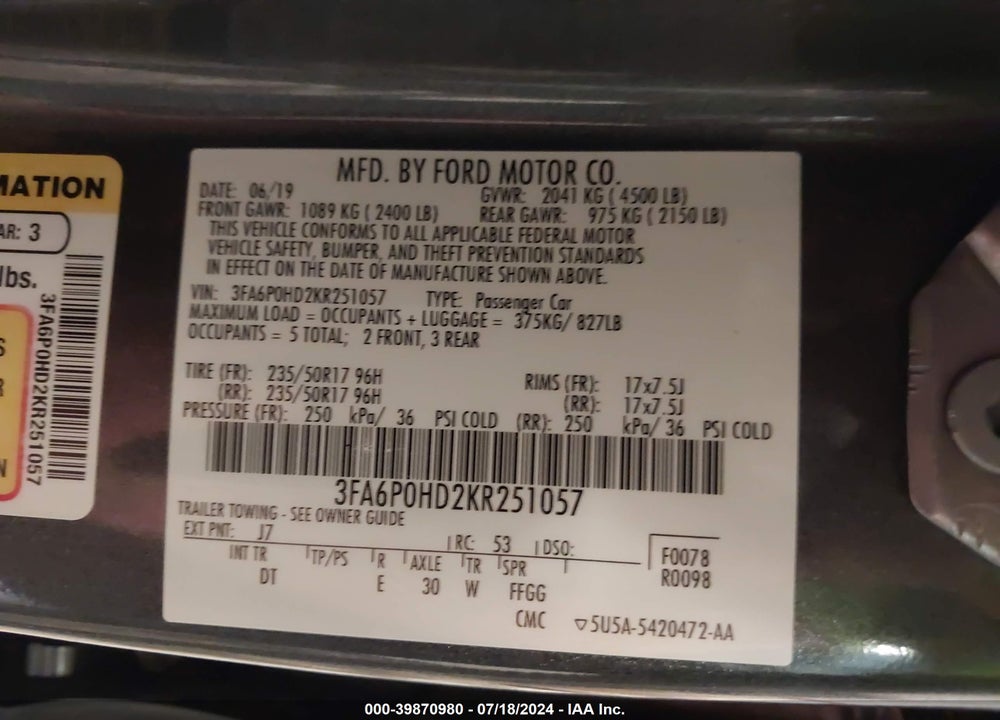 2019 FORD FUSION SE VIN: 3FA6P0HD2KR251057