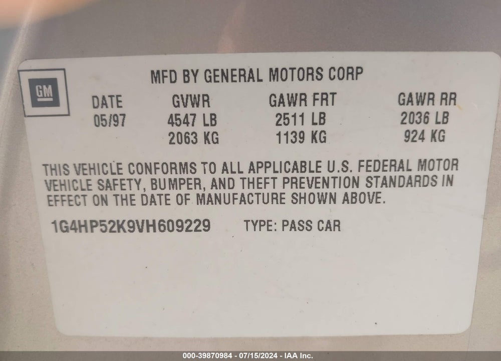 1997 BUICK LESABRE CUSTOM VIN: 1G4HP52K9VH609229