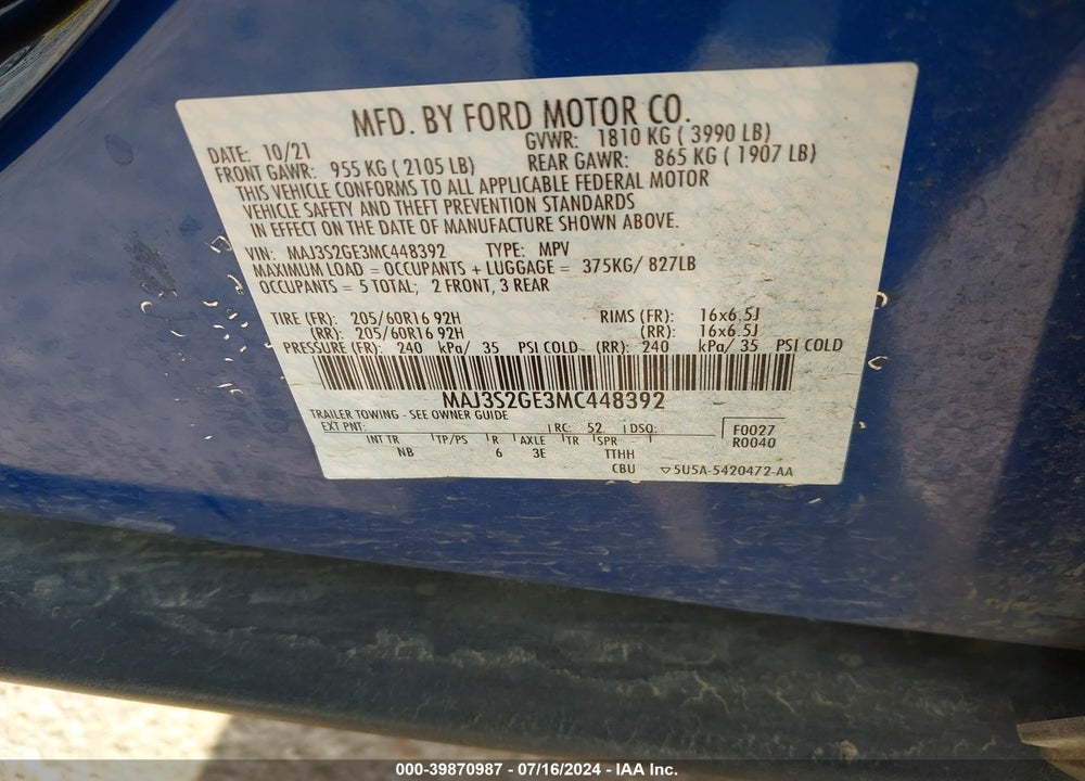 2021 FORD ECOSPORT SE VIN: MAJ3S2GE3MC448392