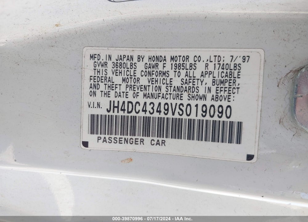 1997 ACURA INTEGRA GS/RS VIN: JH4DC4349VS019090