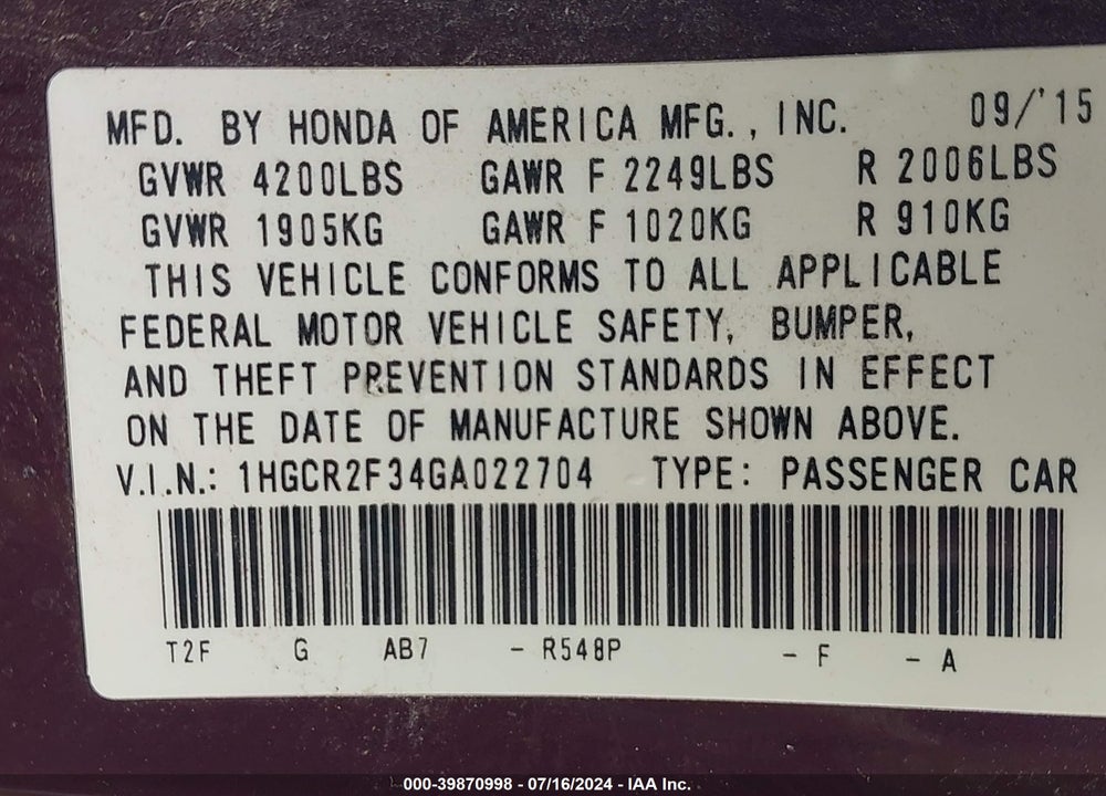 2016 HONDA ACCORD LX VIN: 1HGCR2F34GA022704