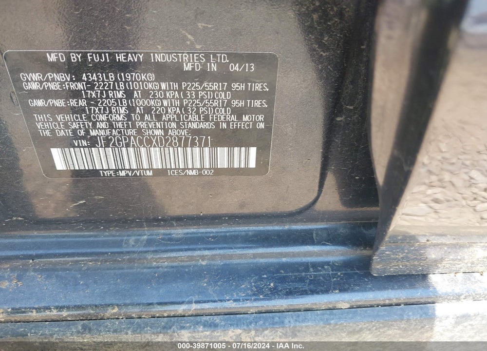2013 SUBARU XV CROSSTREK 2.0I PREMIUM VIN: JF2GPACCXD2877371