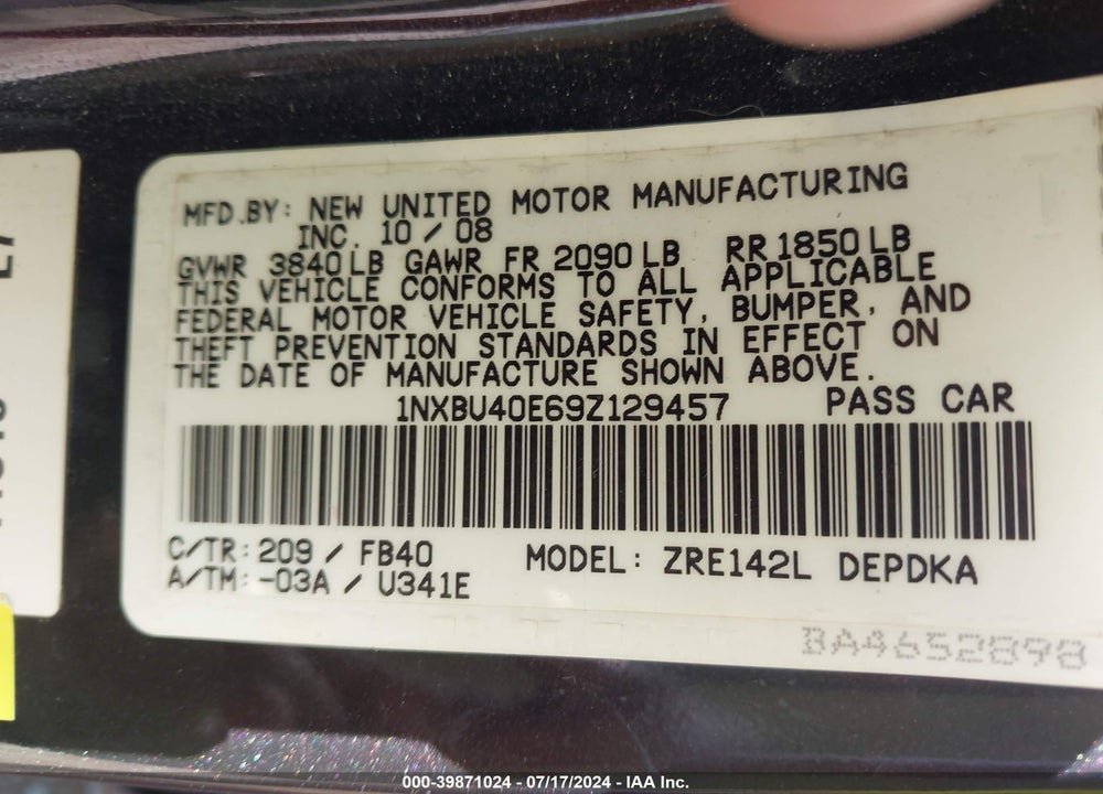 2009 TOYOTA COROLLA LE VIN: 1NXBU40E69Z129457