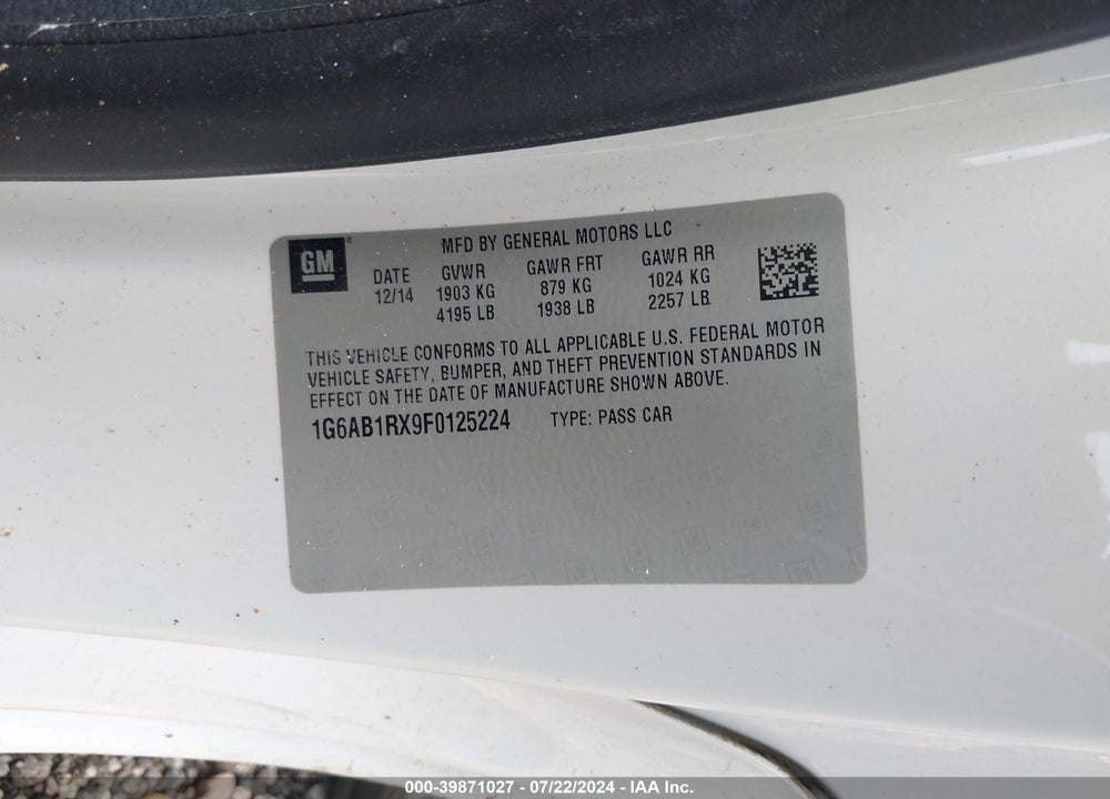 2015 CADILLAC ATS LUXURY VIN: 1G6AB1RX9F0125224